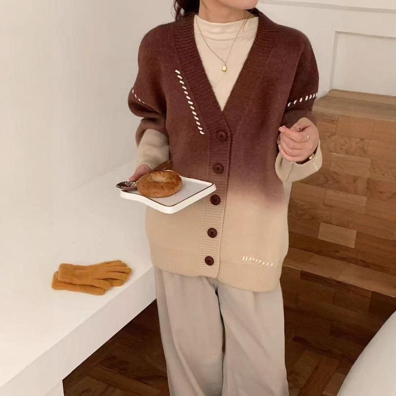 Versatile gradual change knitted cardigan autumn and winter new loose casual lazy wind sweater jacket women