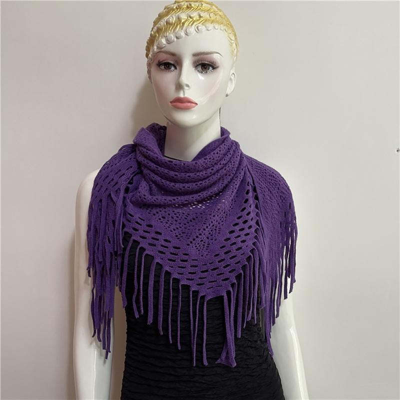 Women's Hollowed Knitted Triangular Scarf Imitation Cashmeres Soft Winter Shawl Wrap Neckerchief Blanket with Fringes