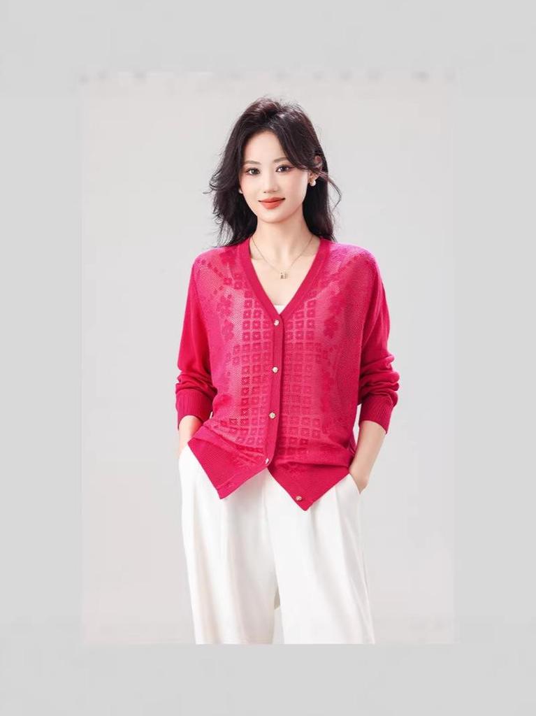 2026 Spring/Summer Korean Style Plus Size Women's Hollow Knit Cardigan Sweater