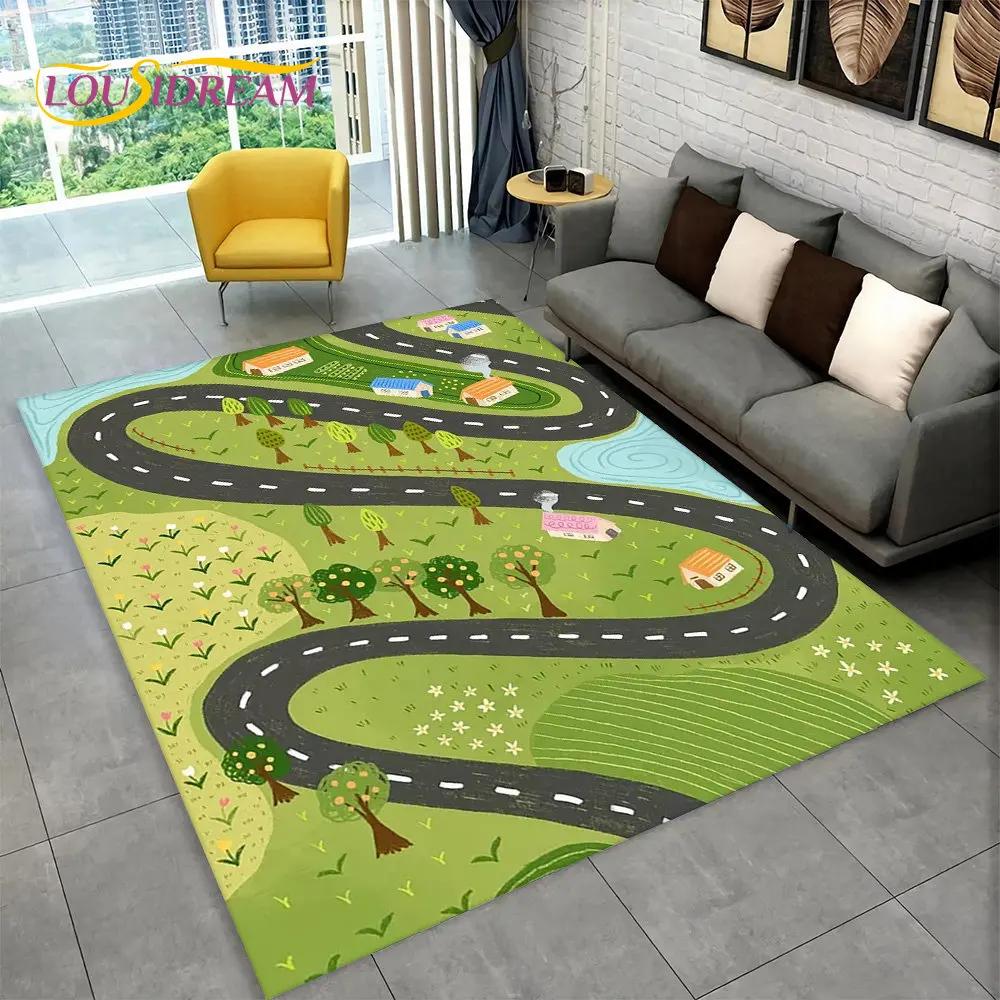 Highway City Traffic Cartoon Area Rug,Carpet Rug for Living Room Playroom Children's Bedroom Decor,Kid Game Non-slip Floor Mat