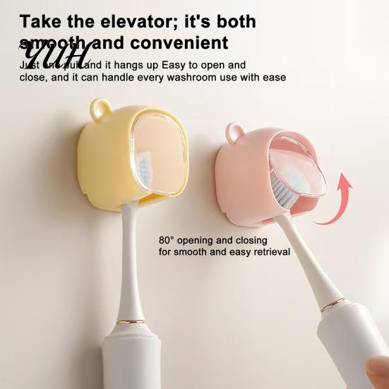 Space Saving Toothbrush Case Cute Bear Wall Mounted Holder with Dustproof Flip Cover, Single Hygienic Brush Protector Dispenser Storage Organizer,