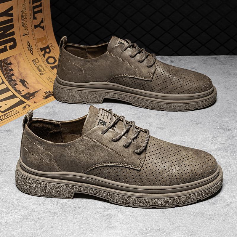 Summer New Leather Punching Breathable Casual Leather Shoes Daily Work Low-top Lace-up British Style Leather Shoes Men's Shoes