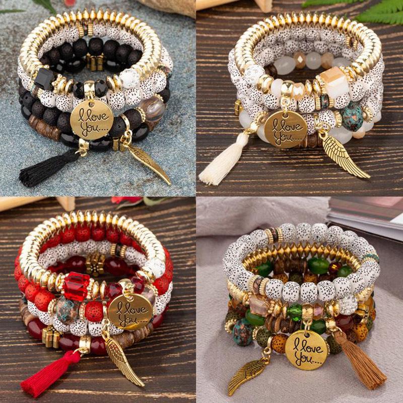 4pcs/set Vintage Elastic Rope Tassel Bracelets Statement Colorful Stone Handmade Beads Bracelets Bangles Fashion Party Jewelry