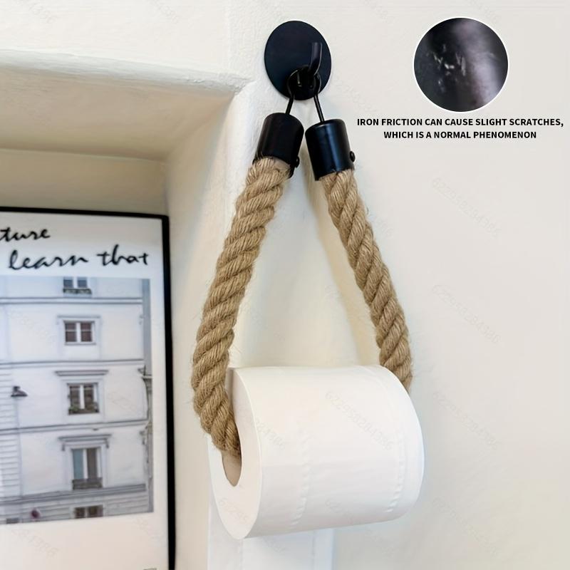

1 шт. настенный самоклеящийся держатель для туалетной бумаги без сверления с черным металлическим крючком и натуральной пеньковой веревкой, настенное хранение для украшения дома