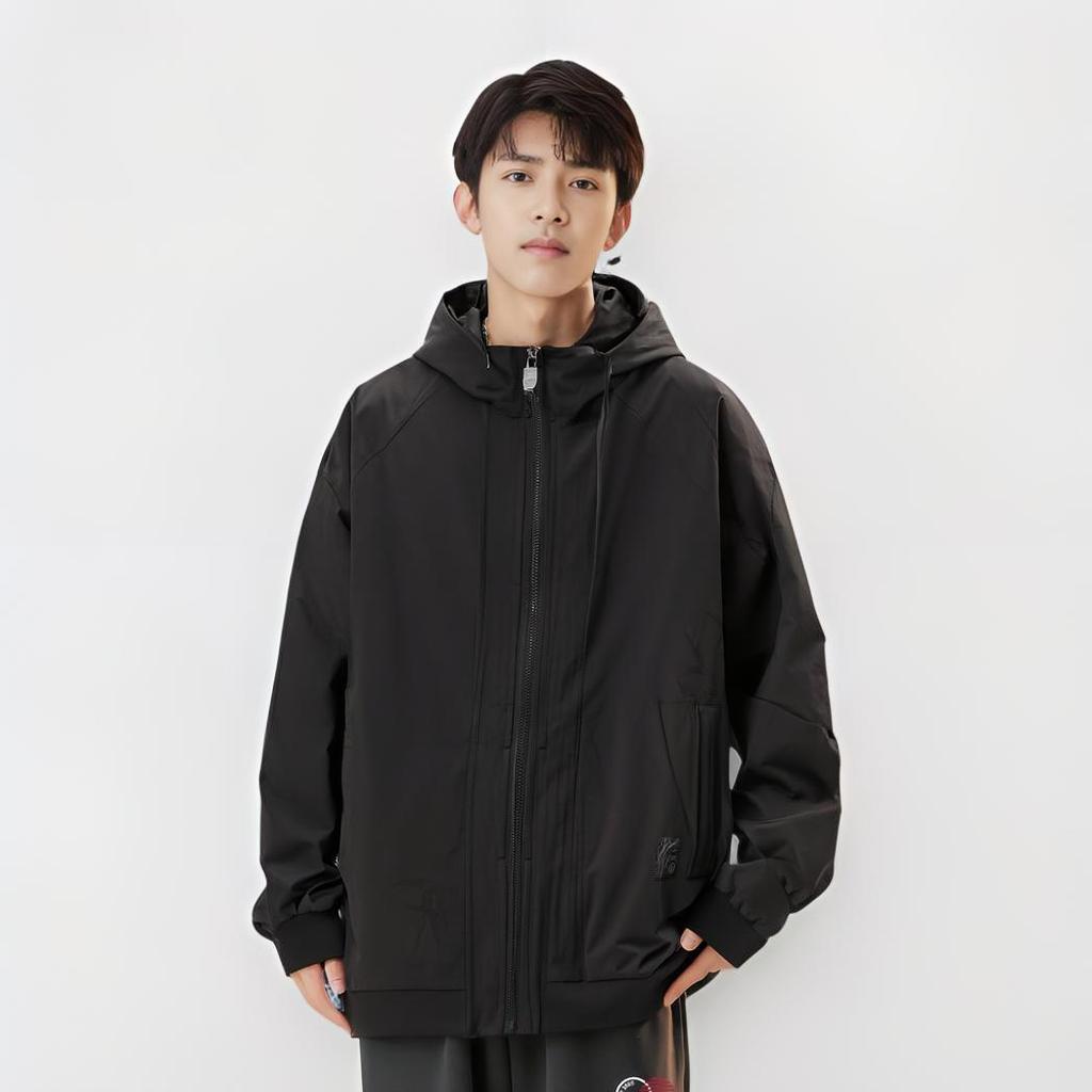 Li Ning X Jackie Chan Collaboration Kung Fu Series Solid Color Zip-Up Hooded Short Cotton Jacket Men jackets Black AJMU153-3