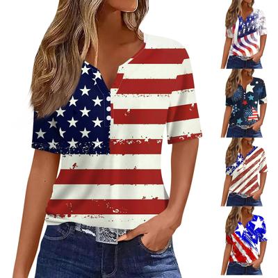 Damen-T-Shirt, T-Shirt, bedruckt, Knopfleiste, kurzärmelig, für den Alltag, Wochenende, modisch, Basic, V-Ausschnitt, normales Oberteil