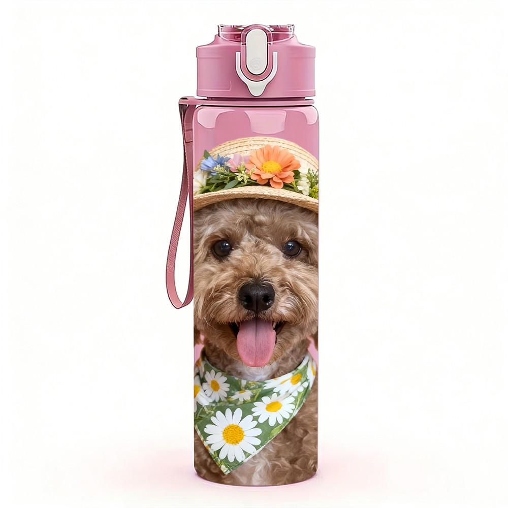 1PC Flower Hat Fluffy Dog Print 750ml Color Plastic Sports Water Bottle Leakproof Flip Straw Lid Suitable for Sports Office Home Use