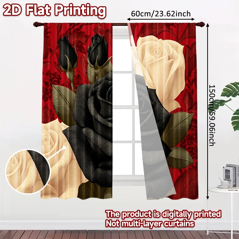 2D FLAT PRINTING 2pcs Curtains (Without Rod) Flower Bouquet on Red Easter holiday curtains with digital printing Durable