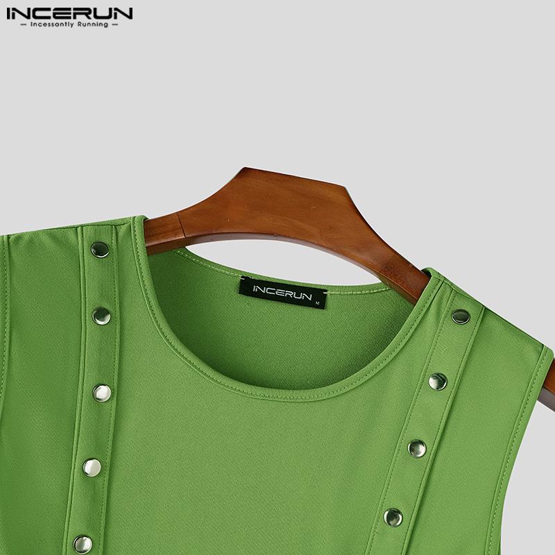 INCERUN Men O Neck Sleeveless Metal Button Patchwork Cropped Tank Tops
