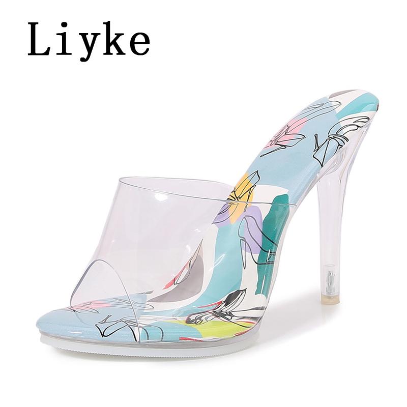 Fashion Liyke New Fashion Color Print Peep Toe Clear High Heels Sexy Women Transparent Slippers Sandals Summer Party Dress Shoes Pumps