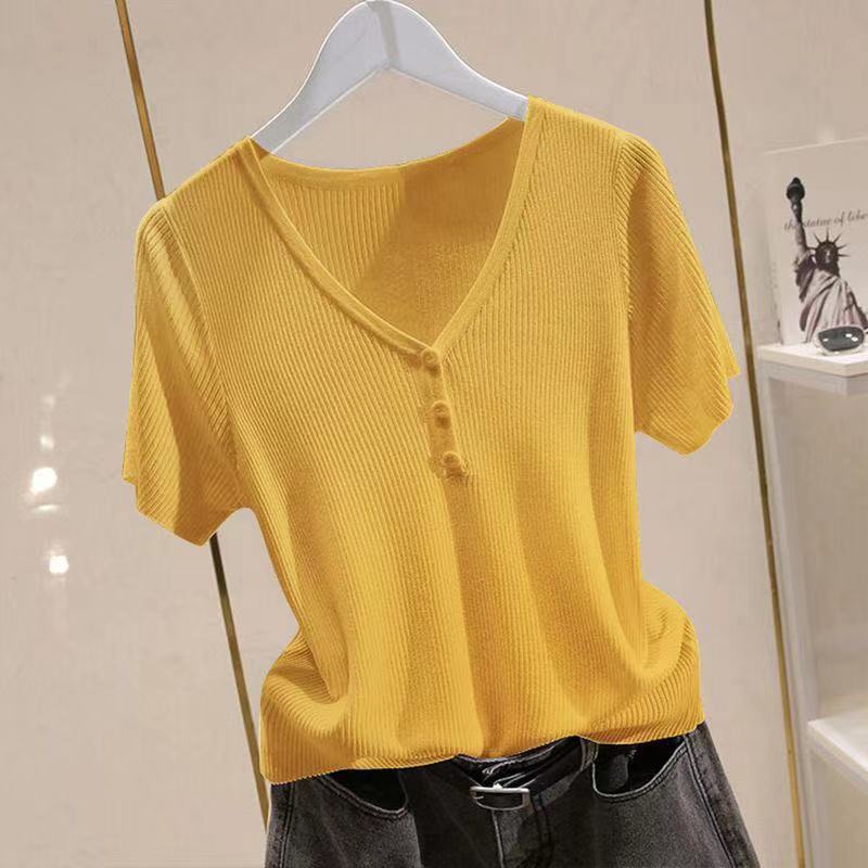 Women Ice Silk Short Sleeve Knitted V Neck T Shirt Versatile Pullover Simple Top
