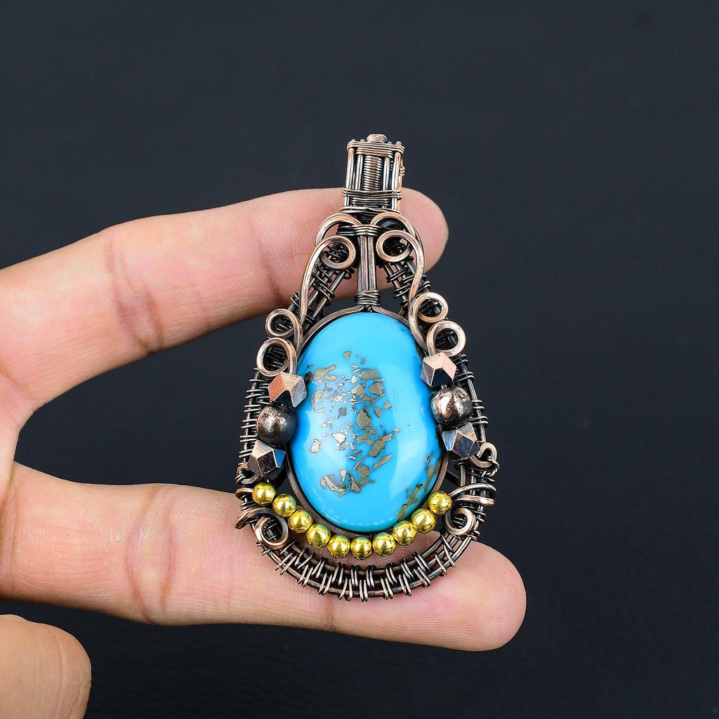 Irani Turquoise 999 Copper Wire Wrapped Pendant, Handmade Gemstone Pendant Jewelry, Gifts For Wife Brand New Pendant