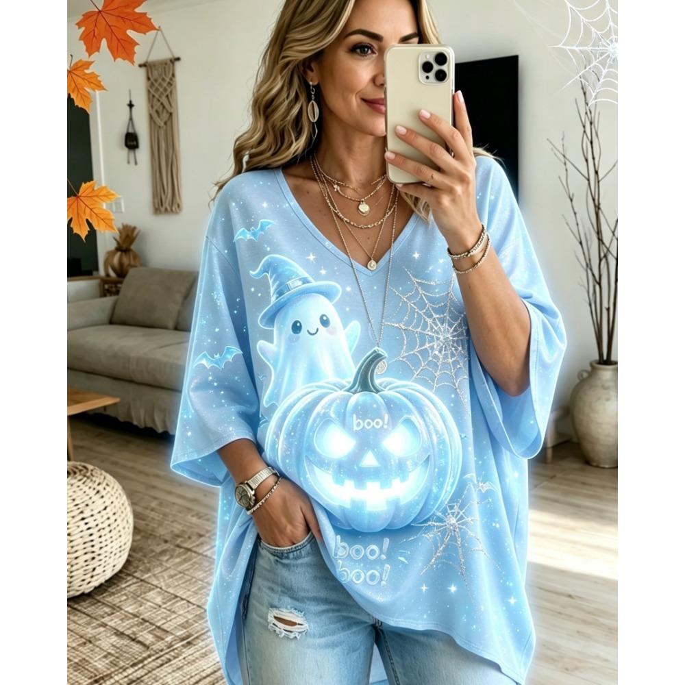 Halloween Printed T-shirt, Pumpkin Lantern Ghost T-shirt, Plus Size Women's V-neck Bat Sleeve Seven Quarter Sleeve Casual Top