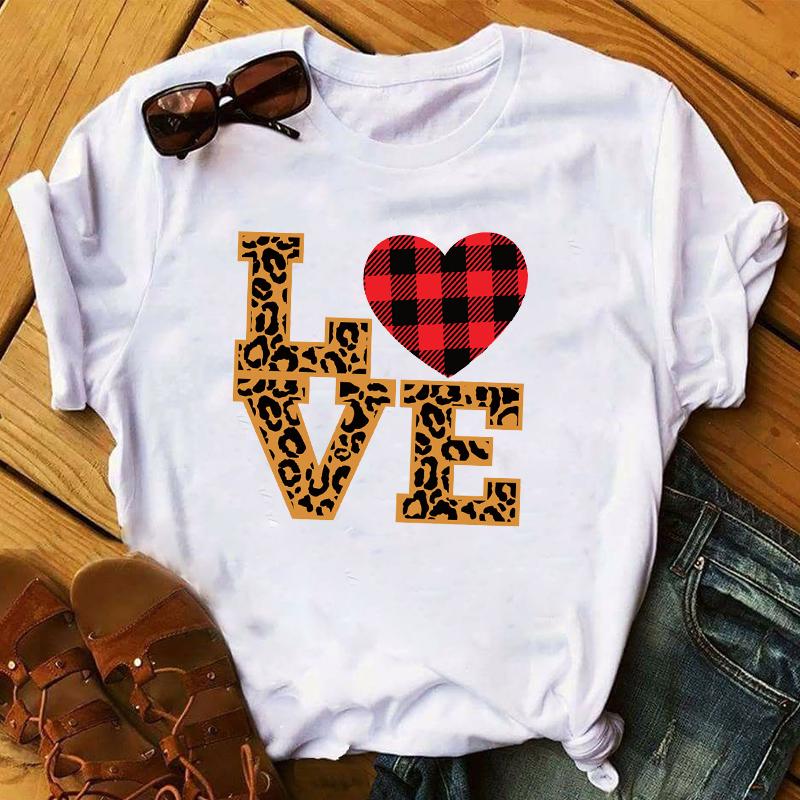 Summer 2025 Fashion Leopard Flower Sweet Love You Lady Ladies Womens Tee T-Shirt Graphic Female Valentine's Day Top T Shirt Gift