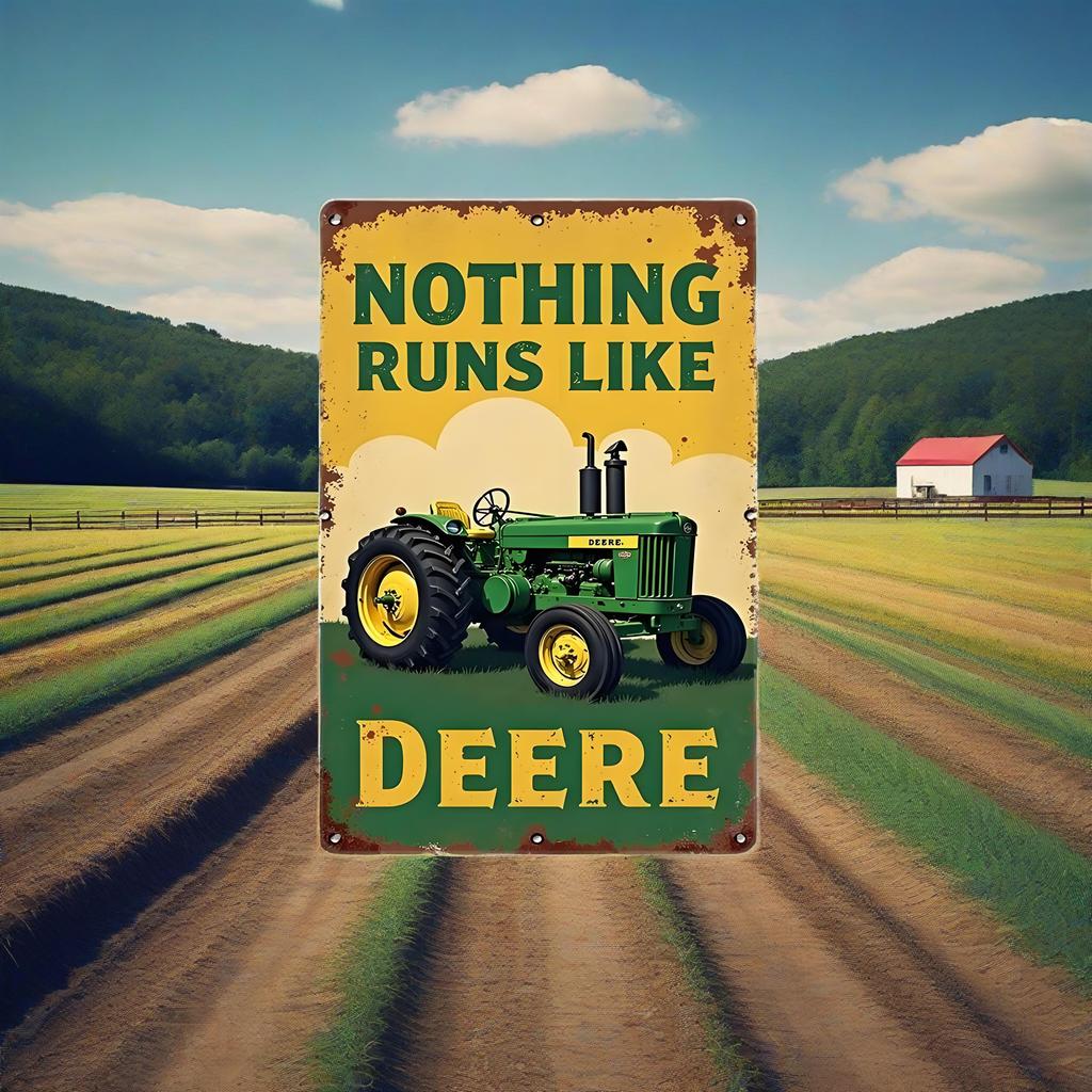 "GreenGold Vintage: John Deere Tractor Distressed Tin Sign | Iconic 'Nothing Runs Like Deere' Decor for Garage Shrines & Barns"