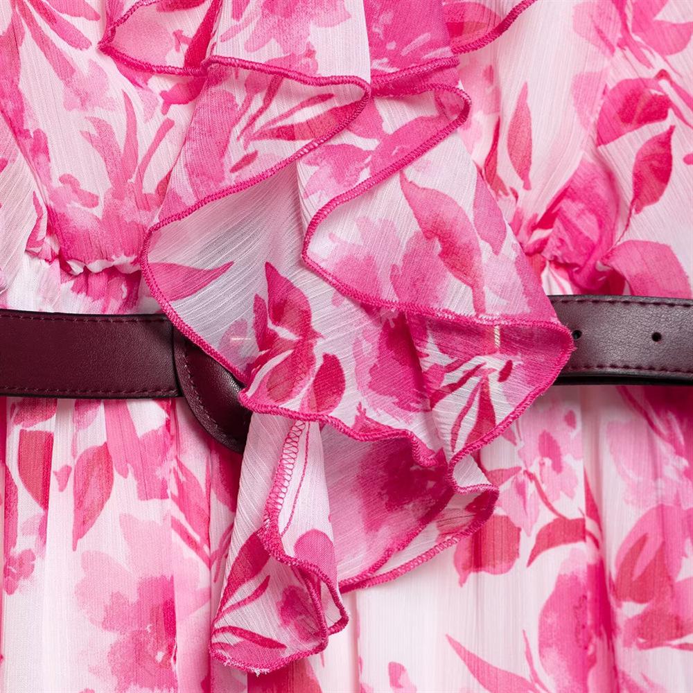 2025 Spring/Summer Women's Slim-Fit Pleated Patchwork Print Dress with Belt