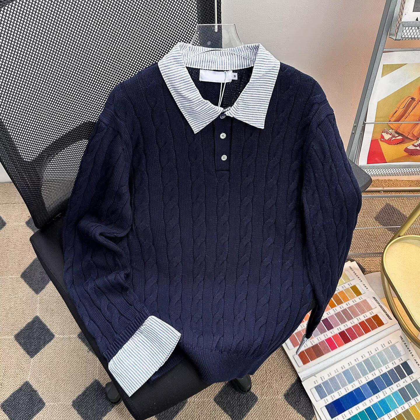 

American Style Striped Cable Knit Polo Sweater - Men s Trendy Two-Piece Patchwork with Cleanfit Design Extra Large темно-синього кольору