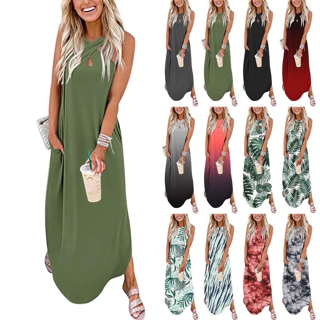 Fashion Women Casual Cross Neck Loose Print Pocket Long Dress Sleeveless Open Dress