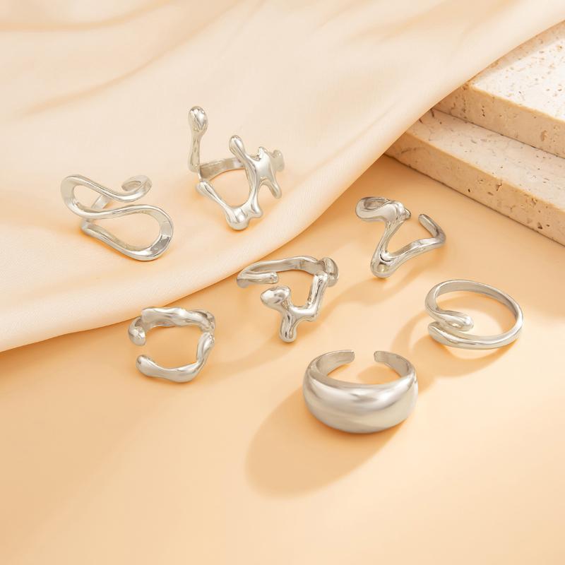 1Set Irregular Glossy Metal Open Rings For Women Vintage Punk Gold Silver Color Personality Finger Ring Female Jewelry