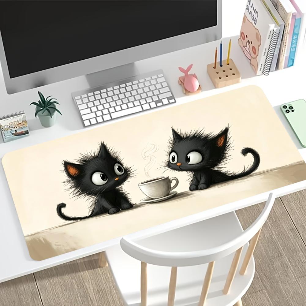 Cute Fluffy Black Cat Print Extended Desk Mat Non Slip Rubber Stitched Edge Gaming Keyboard Table Mat For Office Laptop Gamer