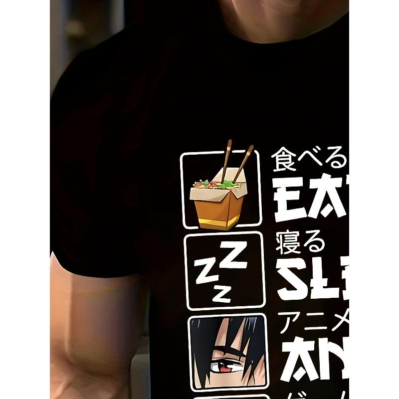 Europäische Größen Herren Sommer Freizeit T-Shirt, Einzigartiger Comic-Stil 3DS Numerischer Druck - „Essen, Schlafen, Anime, Gaming, Wiederholen“ Muster, Rundhals, Kurzarm,