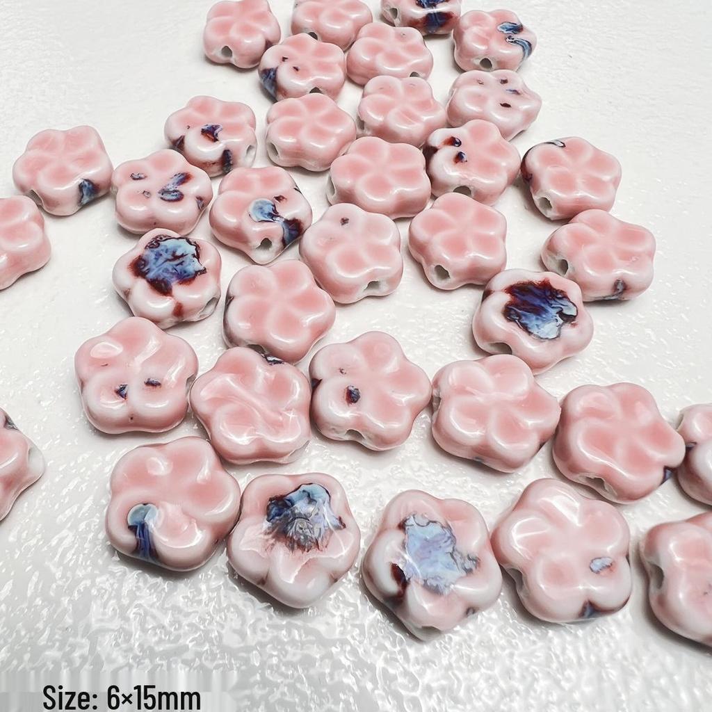 Perline in Ceramica Dipinta Tulipano e Farfalla Rosa Retrò per Braccialetti e Collane Fai da Te