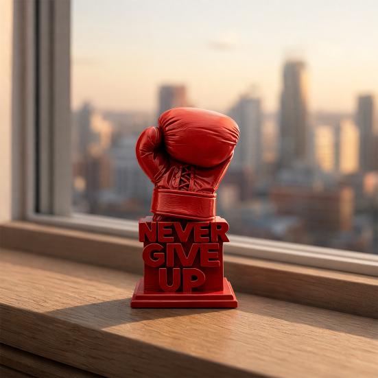 Socha boxerské rukavice Nikdy se nevzdávej, Inspirační 3D tištěná ozdoba na stůl do domácí kanceláře, Motivační dárek pro sportovce, boxery, sportovní fanoušky