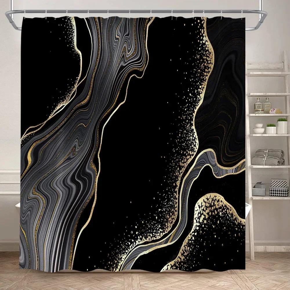 Abstract Pink Marble Shower Curtain Set Gold Textured Modern Geometric Ink Art Bathroom Decor Door Rug Bath Mat Toilet Lid Cover