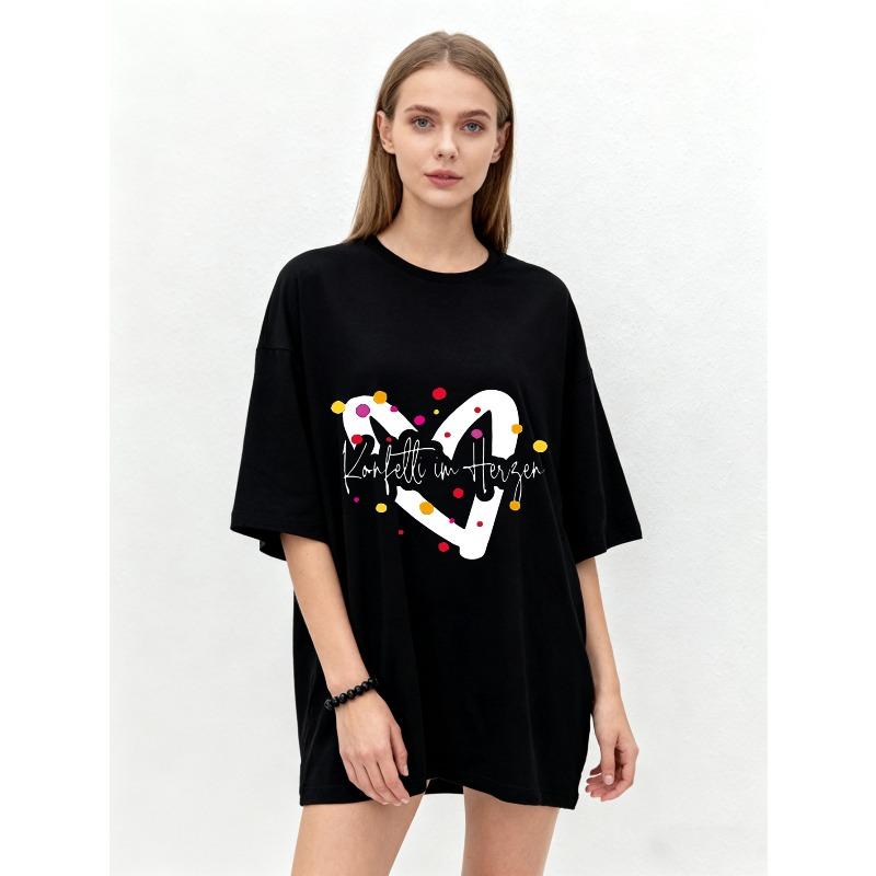 Oversized T Shirt Black Heart Pattern with Confetti and Konfetti Im Herzen Text Casual Wear for Women