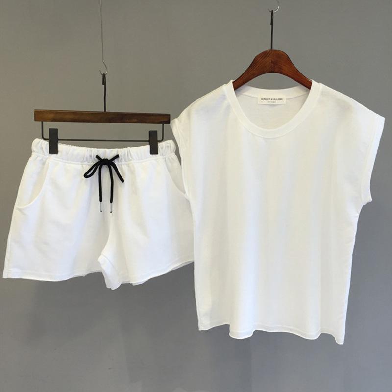 

Женский летний свободный повседневный комплект из двух предметов: однотонный простой свитер с круглым вырезом, футболка + шорты XS белый