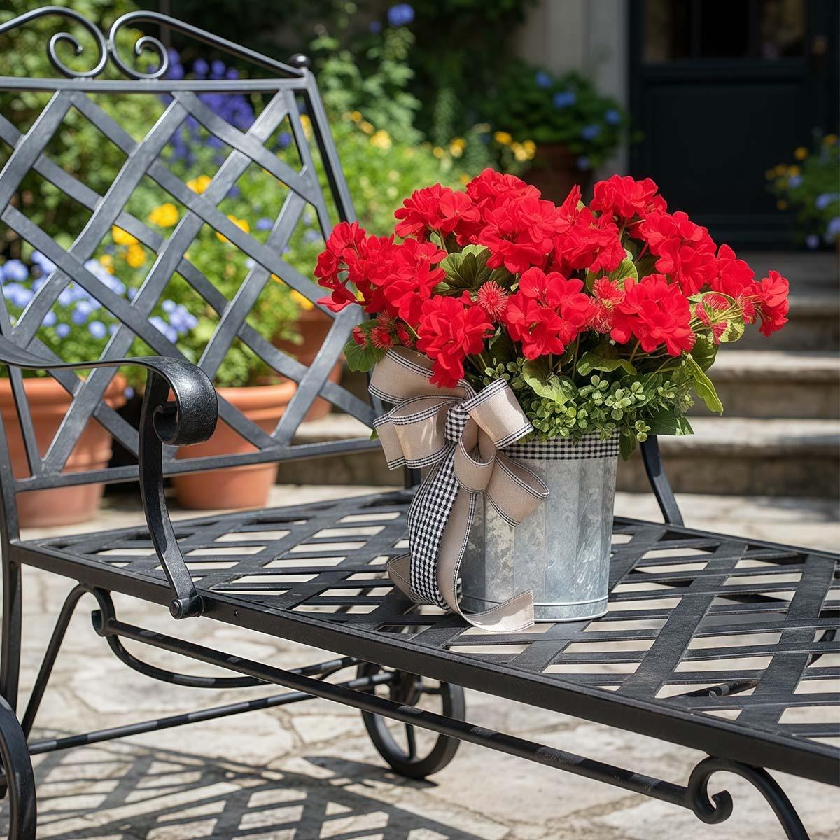 Red Geranium Barrel Wreath Greenery Geranium Bucket Garland Front Door Red Geranium Basket Wreath Checkered Bow Simulated Green Plant for Home красный