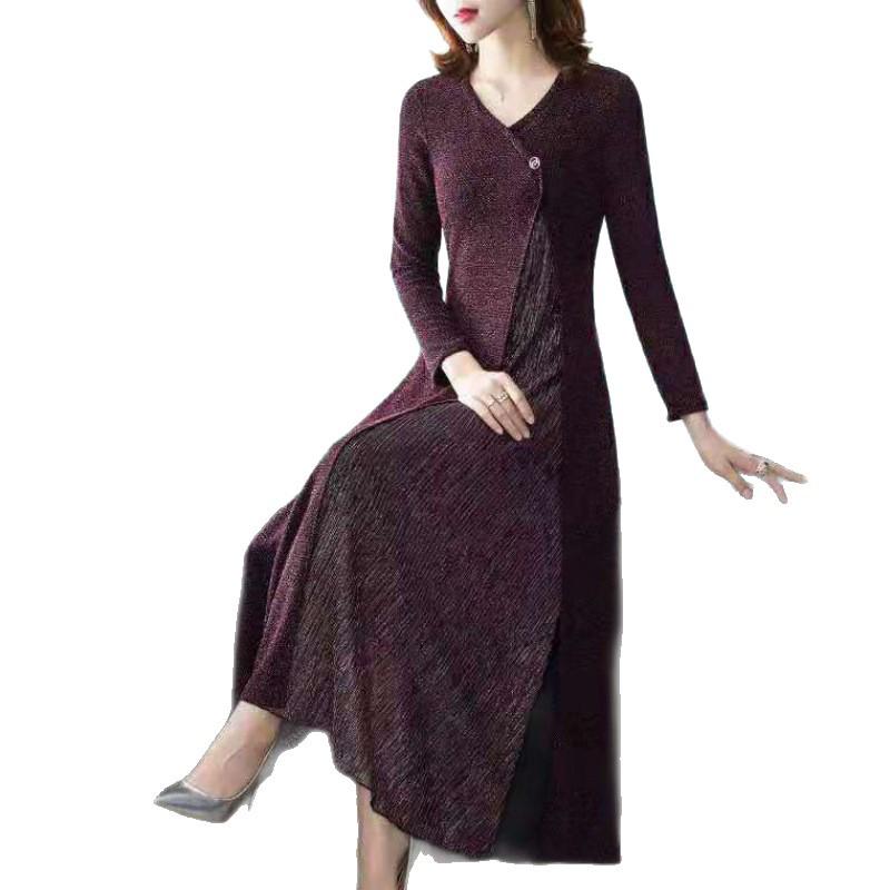 Elegant Faux Two-Piece Plus-Size Cheongsam Dress with Long Sleeves and Split Skirt