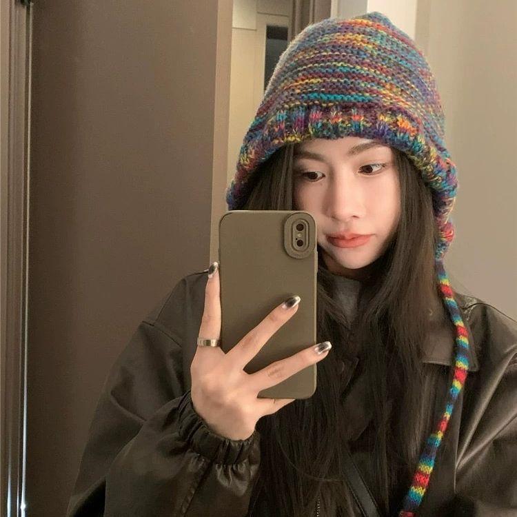 Rainbow Wool Knitted Hat, Warm Japanese Ear Protection Wool Hat, Autumn and Winter Korean Version Versatile