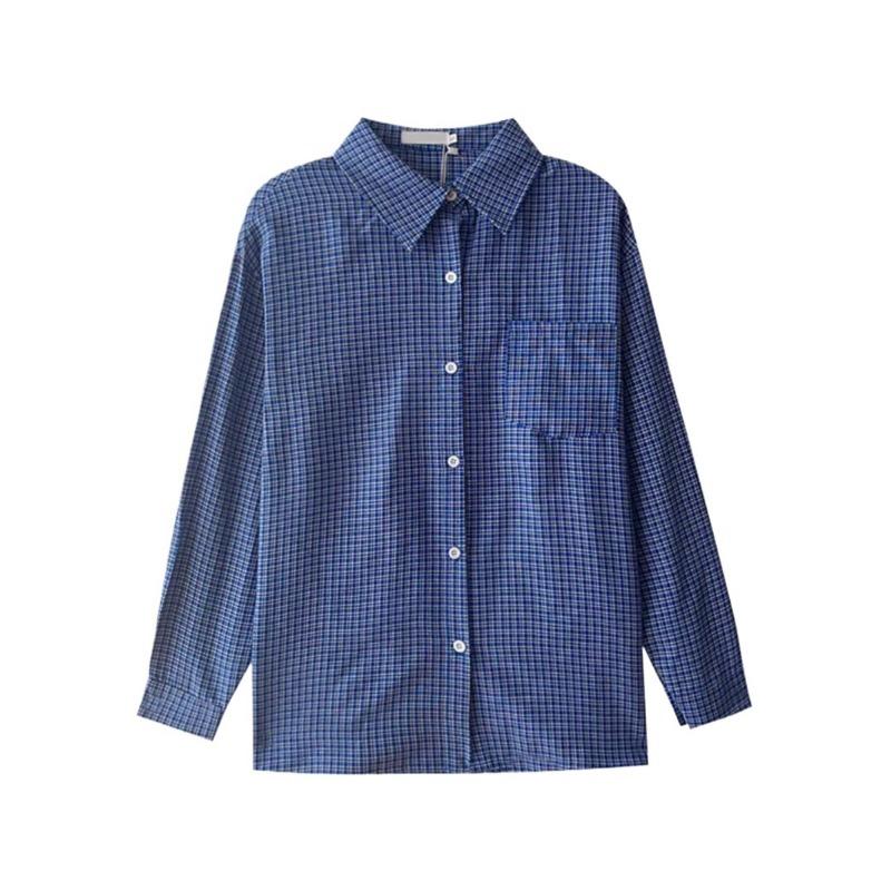 American Retro Blue Plaid Shirt for Women Spring Autumn and Summer Korean Style Lazy Loose Sun Protection Shirt Top Jacket