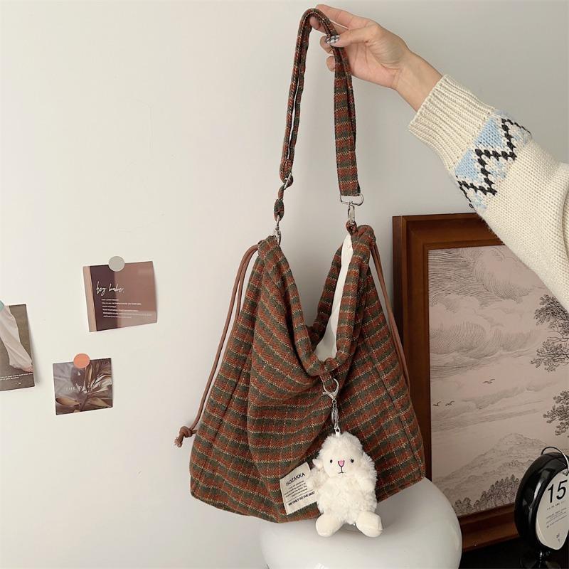 11 College woolen plaid drawstring backpack messenger bag large capacity shopping shoulder bag women