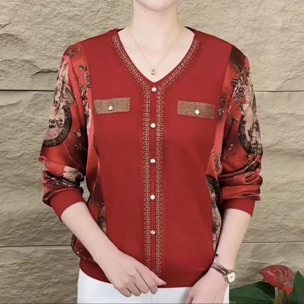 Long-sleeved T-shirt for Women V-neck Ironing Diamond Autumn New Style Mother Suit Loose Belly Slimming Large Size Women's Top