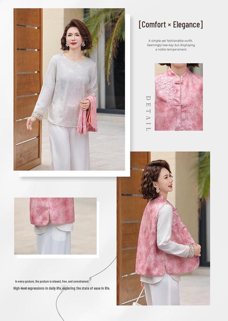 Spring New Chinese Style Embroidered Frog Button Vest & Retro Jacquard Waistcoat Set for Women