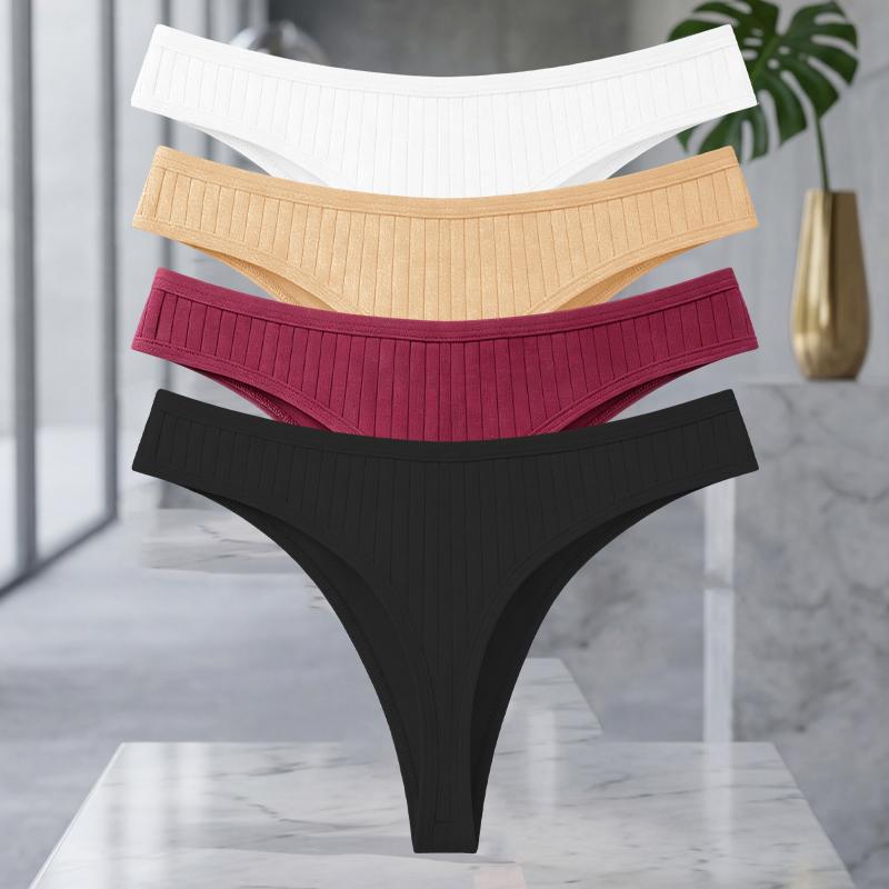 FINETOO 4Pcs/Set Cotton Ribbed Thongs For Women Seamless Solid Color High Quality Underwear Ladies Cozy Breathable Sexy G-String
