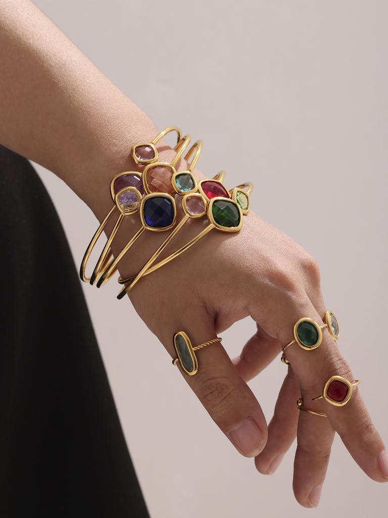 Ferris Wheel Unique Stainless Steel Bracelet for Women Luxury Square Czech Glass Gold Plated Cuff Open Bangle Charm Zircon