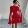 Women's Glitter Cloak Sleeve Mini Dress Sexy Mock Neck Cocktail Party Dress Going Out Wedding Guest Dress
