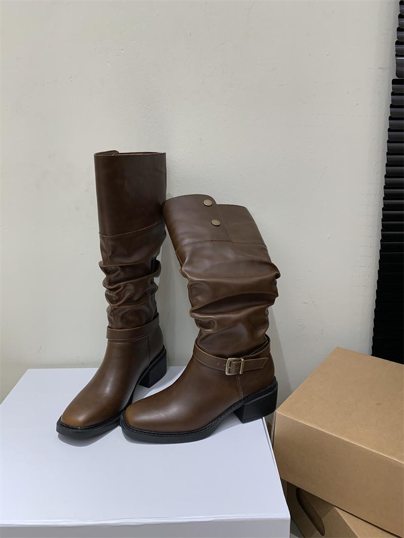 

Модные женские высокие сапоги на толстой подошве, зимние повседневные удобные кожаные туфли на среднем каблуке для женщин 2024 года, модные прогулочные ботинки 40 темно-коричневого