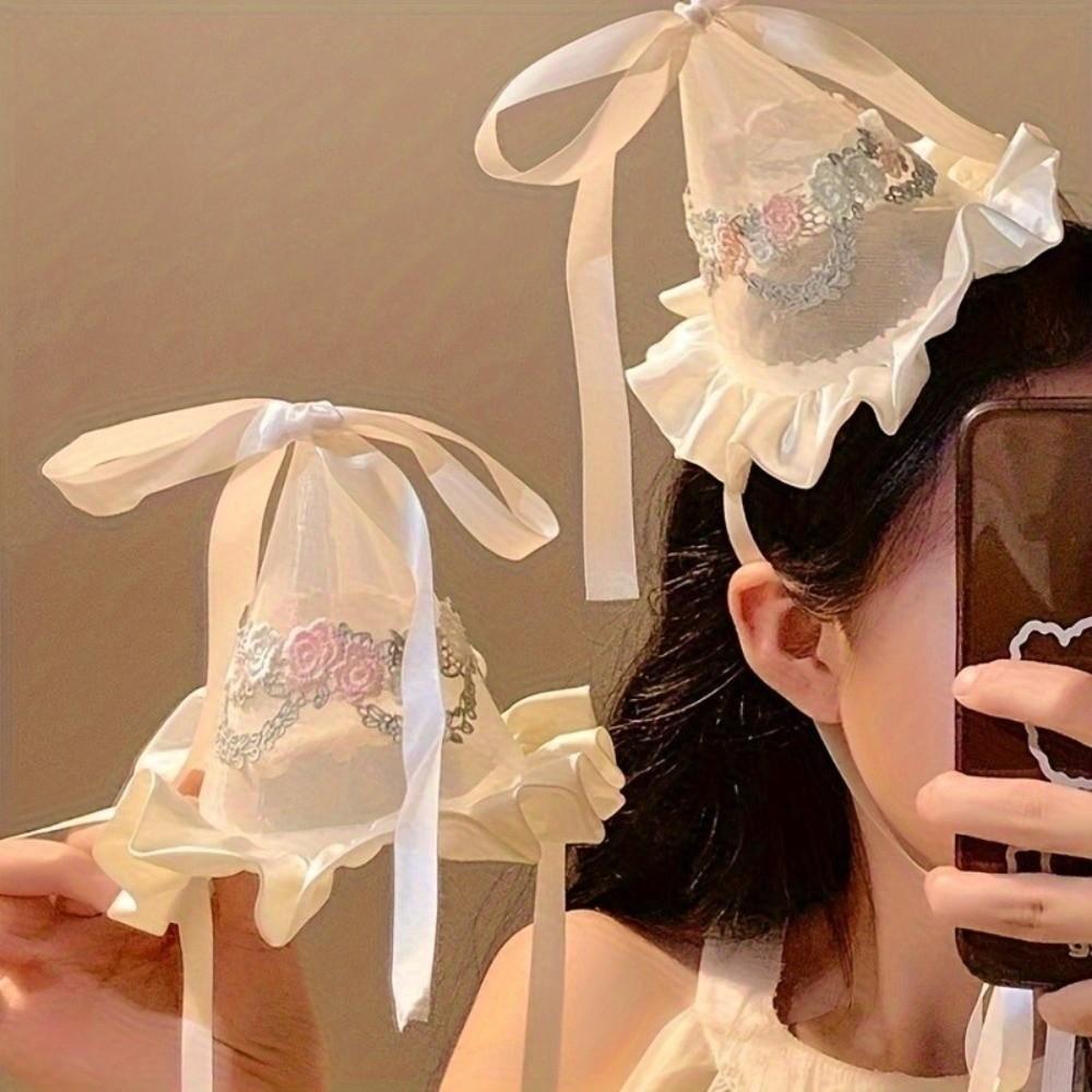 Cone Hats Mesh Birthday Hat Embroidery Birthday Crown Flower Knot Headband  Birthday Party