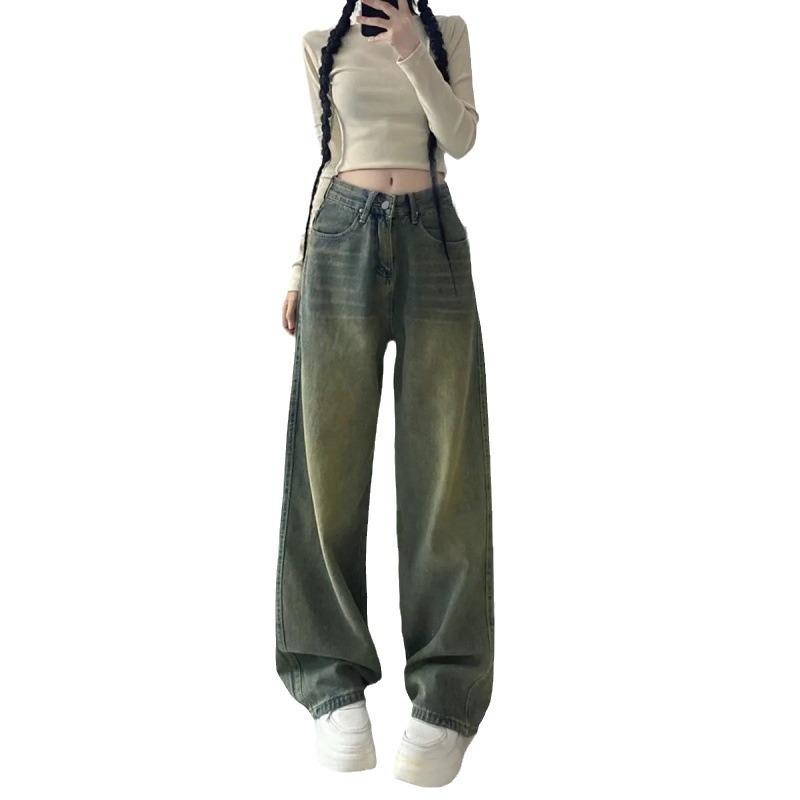 Retro High-waisted Wide-leg Jeans Women's Autumn New Loose and Thin Straight Floor-mopping Trousers