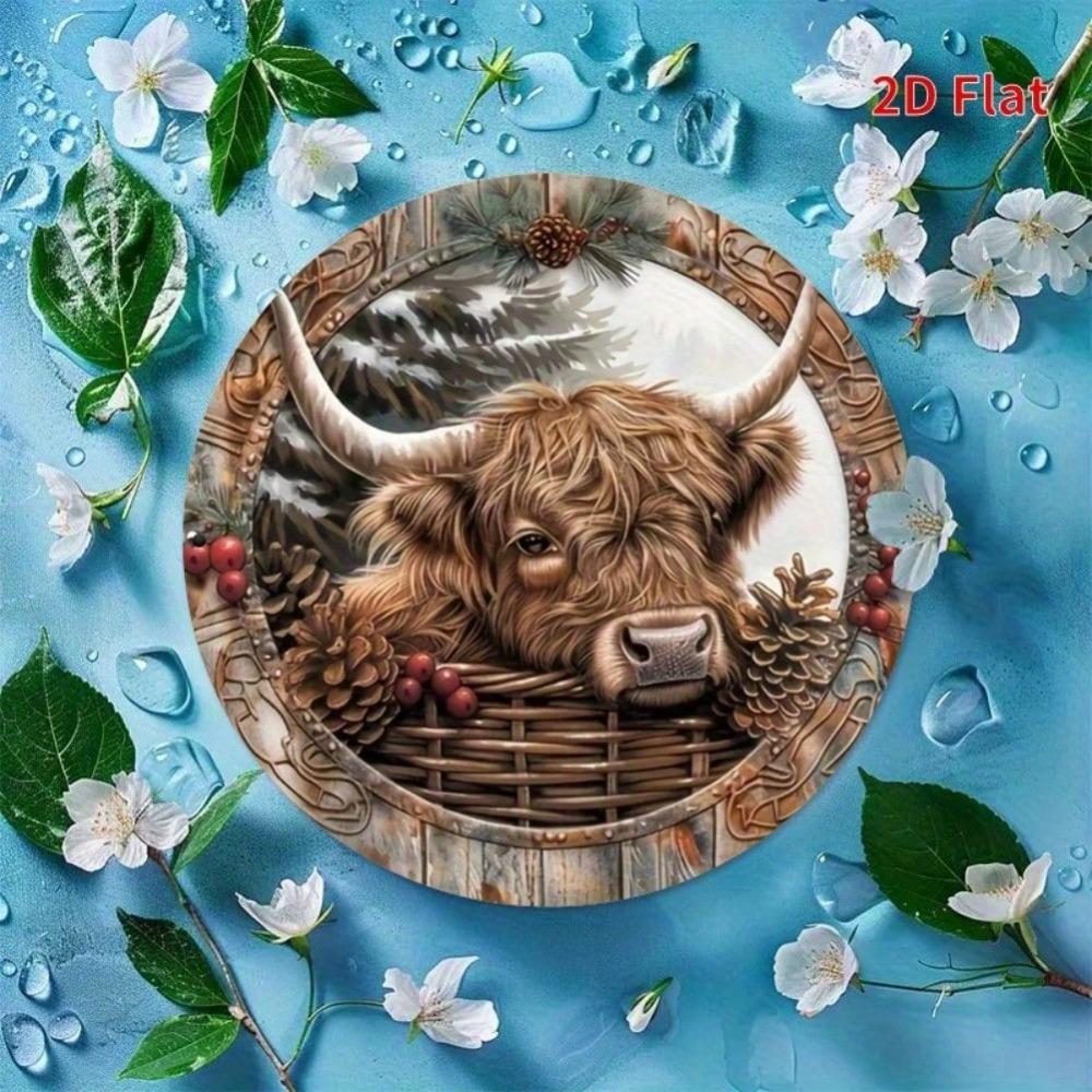 Vintage Highland Cow Metal Wall Art Christmas Wreath Sign Rustic Bohemian Decor