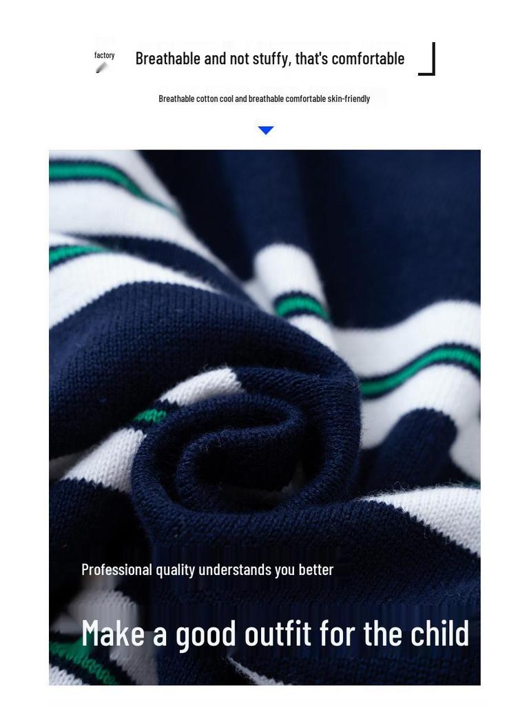 Boys' Striped Cotton Knit Sweater - Autumn Thin Fashion Top for Students