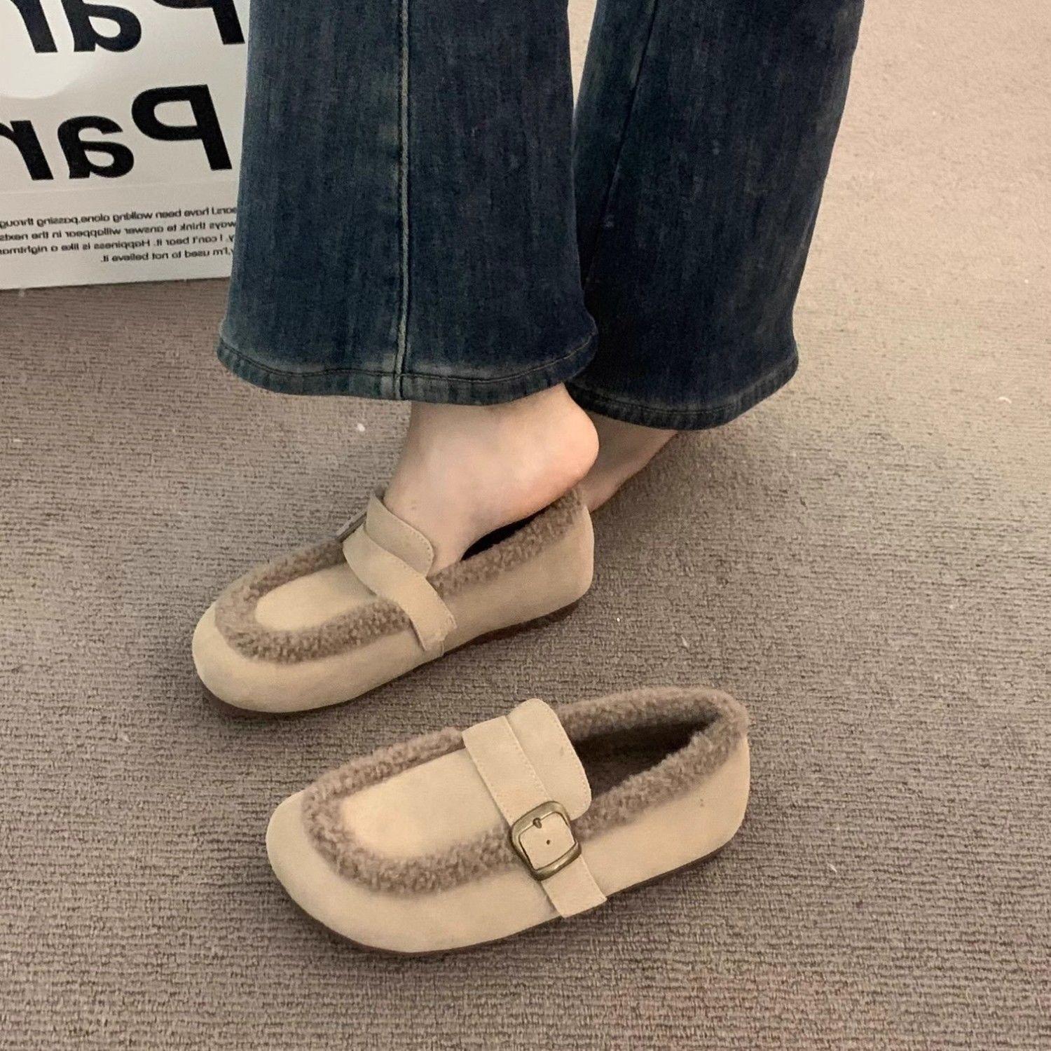 

Flats Platform Cotton Slippers Women Fur Mules Shoes Winter Plush Warm Slides Trend Soft Leather Cozy Casual Shoes 35
