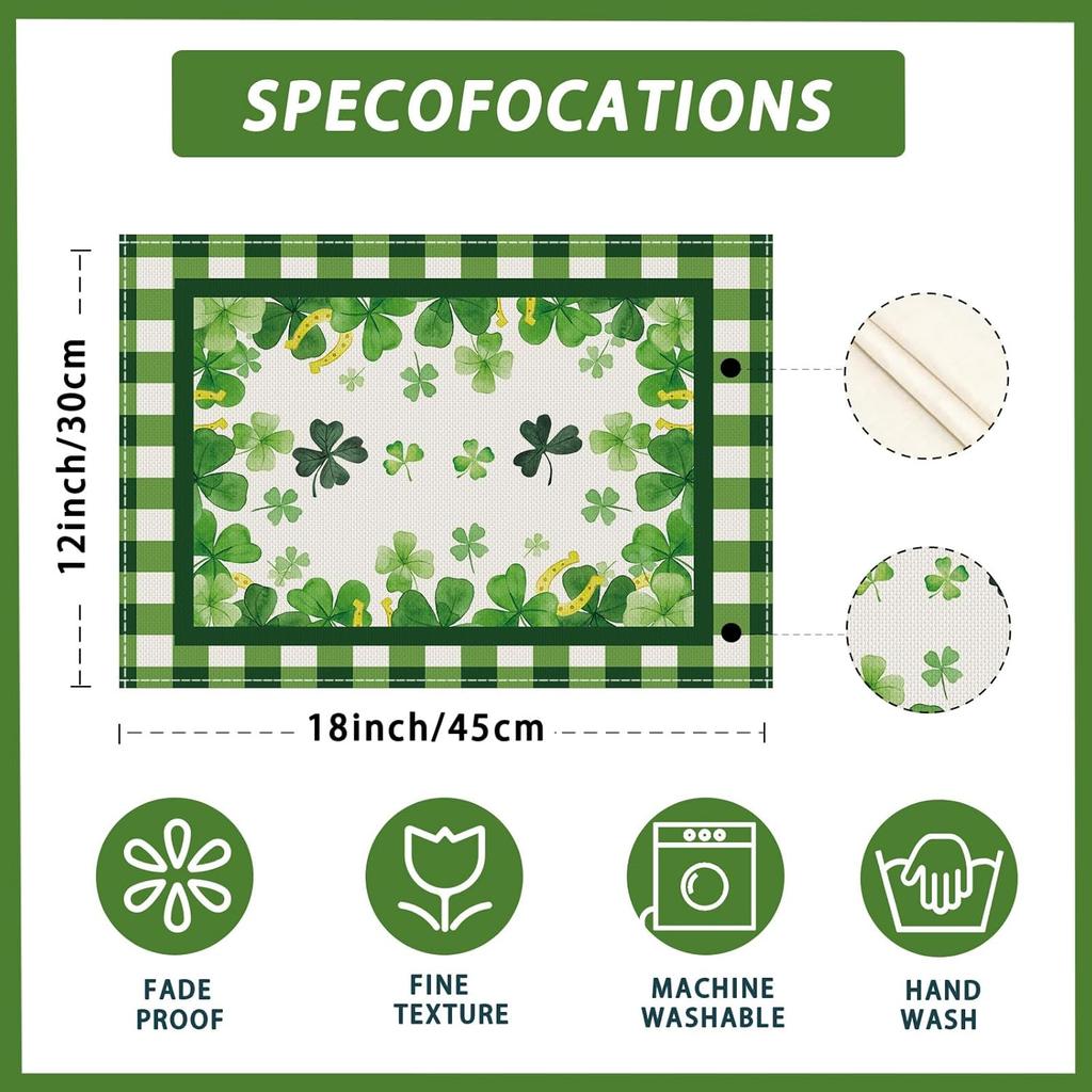 4/6pcs Green Plaid Four-Leaf Clovers Shamrocks Horseshoes St. Patrick's Day Placemats for Party Home Kitchen Dining Table Decora