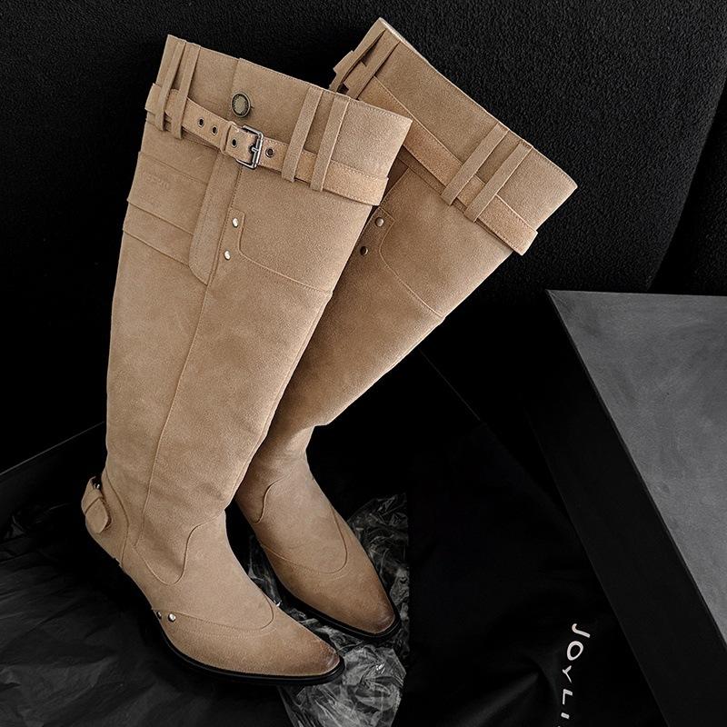 

Сапоги с широким голенищем для женщин на осень и зиму 2025. Spice girls, но ботфорты до колена, квадратный каблук, черные сапоги из ворса для женщин 39 темно-коричневого