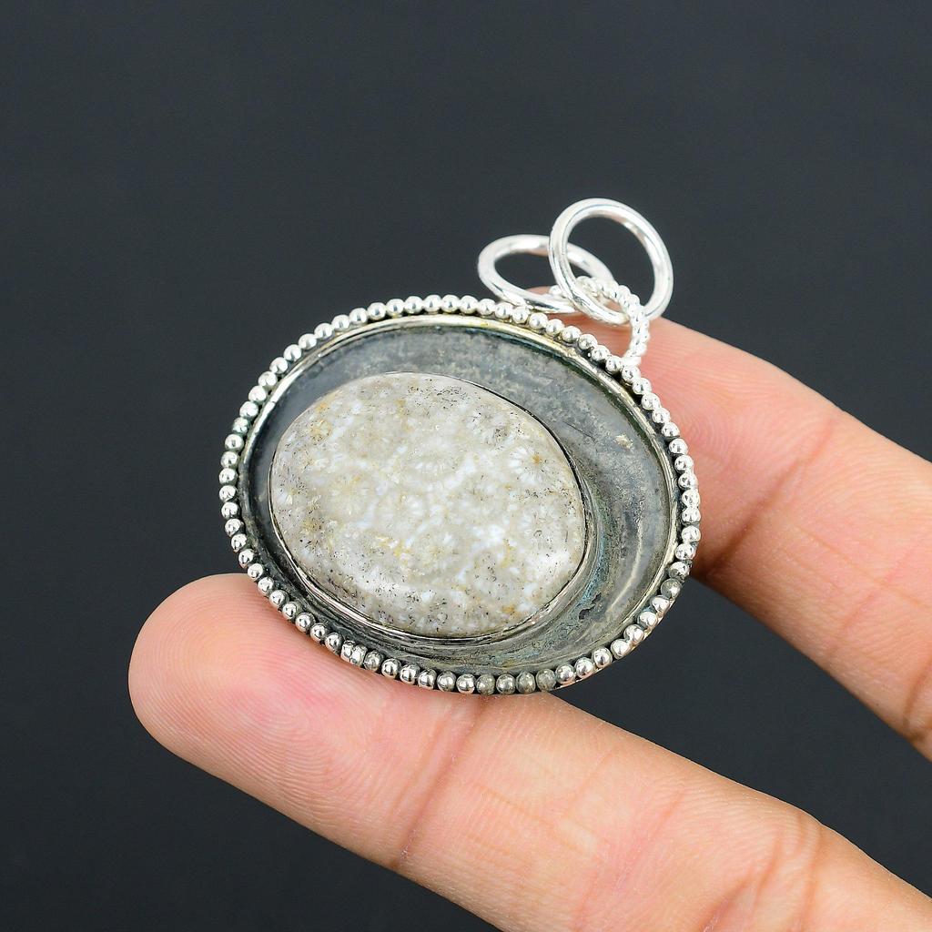 Friendship Day Sale Oval Fossil Coral Stone 925 Silver Elegant Pendant Jewelry