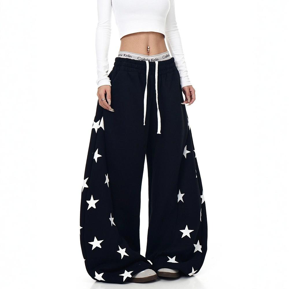 Korean retro contrasting color star printing scimitar sweatpants women's spring and autumn new jazz dance loose wide-leg long pants tide